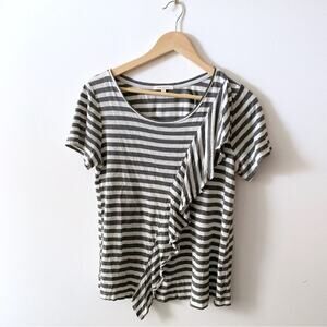 Skies Are Blue Linen Blend Ruffle Striped Top Grey White Size L
